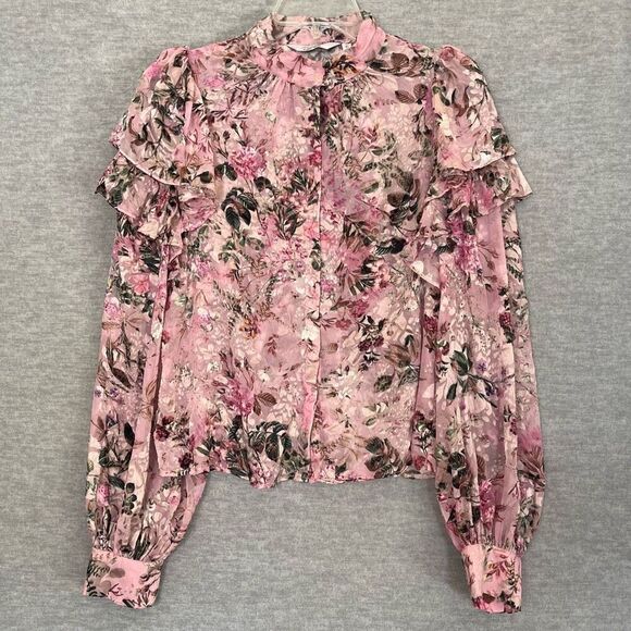 & Other Stories Ruffle Mock Neck Frilled Top Size 4 Prairie Sheer Velvet Burnout - Picture 1 of 15